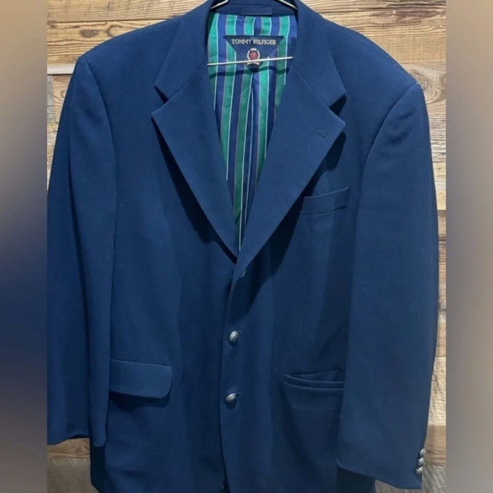 Vintage Tommy Hilfiger 💯 Wool Blazer 90s Navy Wool green lined unisex 40R prom